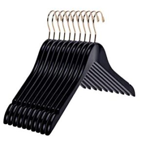 Quality Black Semi Curved Wooden Suit Hangers, 10-Pack Smooth Finish Solid Wood Coat Hanger with Swivel Hook, Jacket, Pant, Dress Clothes Hangers (Black - Gold Hook, 10)