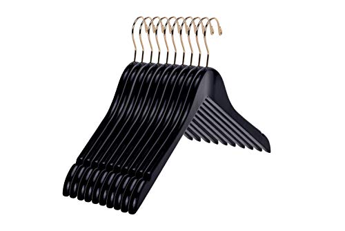 Quality Black Semi Curved Wooden Suit Hangers, 10-Pack Smooth Finish Solid Wood Coat Hanger with Swivel Hook, Jacket, Pant, Dress Clothes Hangers (Black - Gold Hook, 10)