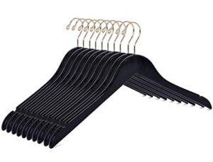 quality black semi curved wooden suit hangers, 10-pack smooth finish solid wood coat hanger with swivel hook, jacket, pant, dress clothes hangers (black - gold hook, 10)