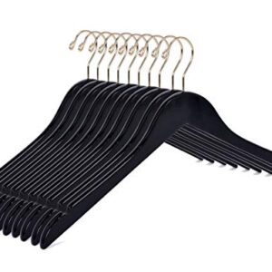 Quality Black Semi Curved Wooden Suit Hangers, 10-Pack Smooth Finish Solid Wood Coat Hanger with Swivel Hook, Jacket, Pant, Dress Clothes Hangers (Black - Gold Hook, 10)