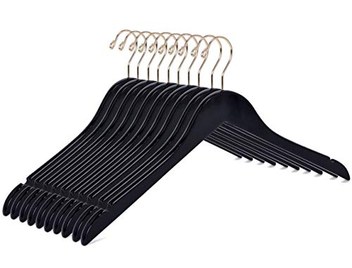 Quality Black Semi Curved Wooden Suit Hangers, 10-Pack Smooth Finish Solid Wood Coat Hanger with Swivel Hook, Jacket, Pant, Dress Clothes Hangers (Black - Gold Hook, 10)