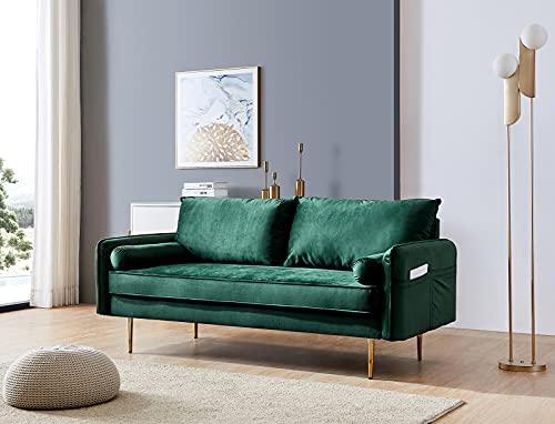 SLEERWAY Velvet Couch with 2 Small Pillows, Modern Loveseat Sofa Twin Size Contemporary Sofas for Living Room and Bedroom (Green)