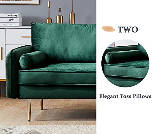 SLEERWAY Velvet Couch with 2 Small Pillows, Modern Loveseat Sofa Twin Size Contemporary Sofas for Living Room and Bedroom (Green)