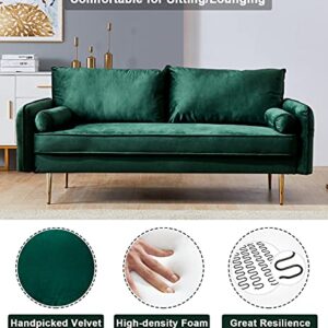 SLEERWAY Velvet Couch with 2 Small Pillows, Modern Loveseat Sofa Twin Size Contemporary Sofas for Living Room and Bedroom (Green)