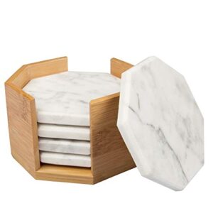 white carrara marble coasters with bamboo holder (set of 5) - protection for any table type - fits any coffee mug, cup, wine glass, barware - great for hosting parties, wedding & mother's day gifts