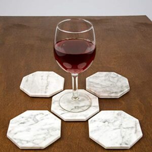 White Carrara Marble Coasters with Bamboo Holder (Set of 5) - Protection for Any Table Type - Fits Any Coffee Mug, Cup, Wine Glass, Barware - Great for Hosting Parties, Wedding & Mother's Day Gifts