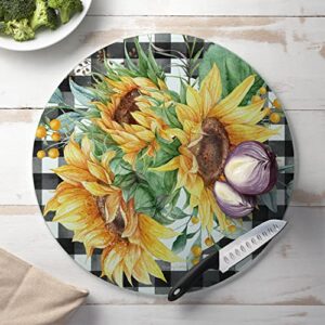 CounterArt Sunflower Fields 4mm Heat Tolerant Round Tempered Glass Cutting Board 16" Round Manufactured in the USA Food Preparation Board, Cake Plate, Pizza Stand