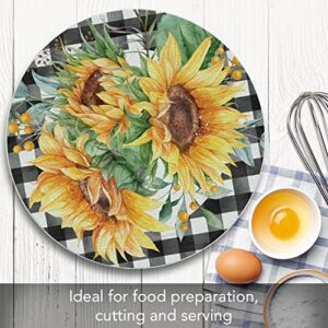 CounterArt Sunflower Fields 4mm Heat Tolerant Round Tempered Glass Cutting Board 16" Round Manufactured in the USA Food Preparation Board, Cake Plate, Pizza Stand