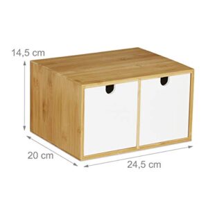 Relaxdays Desk Organiser, 2 Drawers, Office Storage Box, HxWxD: 14.5 x 24.5 x 20 cm, Bamboo & MDF, White