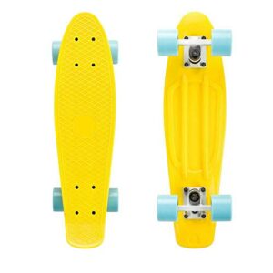 yellow skateboard with blue wheels cruiser board 22" complete board for adult and beginners azm