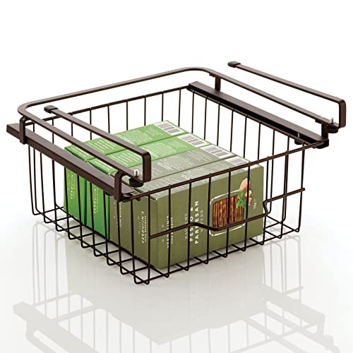 mDesign Compact Hanging Pullout Drawer Basket - Sliding Under Shelf Storage Organizer - Metal Wire - Attaches to Shelving - Easy Install - for Kitchen, Pantry, Cabinet - Bronze