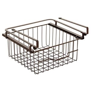 mDesign Compact Hanging Pullout Drawer Basket - Sliding Under Shelf Storage Organizer - Metal Wire - Attaches to Shelving - Easy Install - for Kitchen, Pantry, Cabinet - Bronze