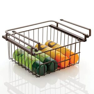 mDesign Compact Hanging Pullout Drawer Basket - Sliding Under Shelf Storage Organizer - Metal Wire - Attaches to Shelving - Easy Install - for Kitchen, Pantry, Cabinet - Bronze