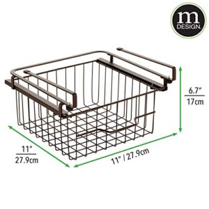 mDesign Compact Hanging Pullout Drawer Basket - Sliding Under Shelf Storage Organizer - Metal Wire - Attaches to Shelving - Easy Install - for Kitchen, Pantry, Cabinet - Bronze