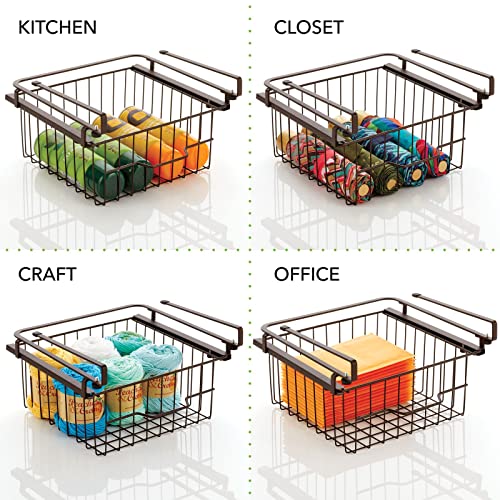 mDesign Compact Hanging Pullout Drawer Basket - Sliding Under Shelf Storage Organizer - Metal Wire - Attaches to Shelving - Easy Install - for Kitchen, Pantry, Cabinet - Bronze
