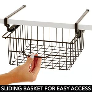 mDesign Compact Hanging Pullout Drawer Basket - Sliding Under Shelf Storage Organizer - Metal Wire - Attaches to Shelving - Easy Install - for Kitchen, Pantry, Cabinet - Bronze