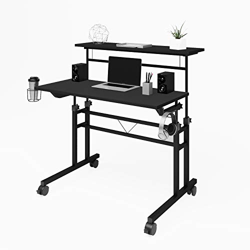 Techni Mobili Rolling Writing Desk with Height Adjustable Desktop and Moveable Shelf, Black