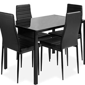 DKLGG 5-Piece Kitchen Table Set for Dining Room, 4 Faux Leather Metal Frame Chairs, Dinette, Compact Space w/Glass Tabletop, 47.25'' L x 27.56'' W x 29.5'' H, Black…