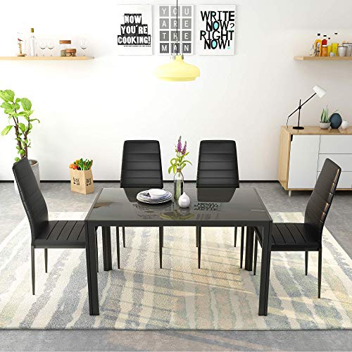 DKLGG 5-Piece Kitchen Table Set for Dining Room, 4 Faux Leather Metal Frame Chairs, Dinette, Compact Space w/Glass Tabletop, 47.25'' L x 27.56'' W x 29.5'' H, Black…