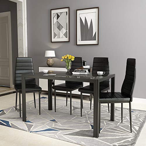 DKLGG 5-Piece Kitchen Table Set for Dining Room, 4 Faux Leather Metal Frame Chairs, Dinette, Compact Space w/Glass Tabletop, 47.25'' L x 27.56'' W x 29.5'' H, Black…