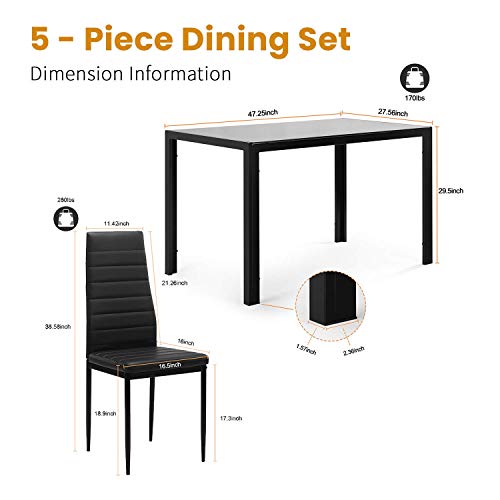 DKLGG 5-Piece Kitchen Table Set for Dining Room, 4 Faux Leather Metal Frame Chairs, Dinette, Compact Space w/Glass Tabletop, 47.25'' L x 27.56'' W x 29.5'' H, Black…