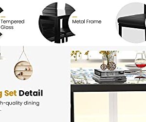 DKLGG 5-Piece Kitchen Table Set for Dining Room, 4 Faux Leather Metal Frame Chairs, Dinette, Compact Space w/Glass Tabletop, 47.25'' L x 27.56'' W x 29.5'' H, Black…