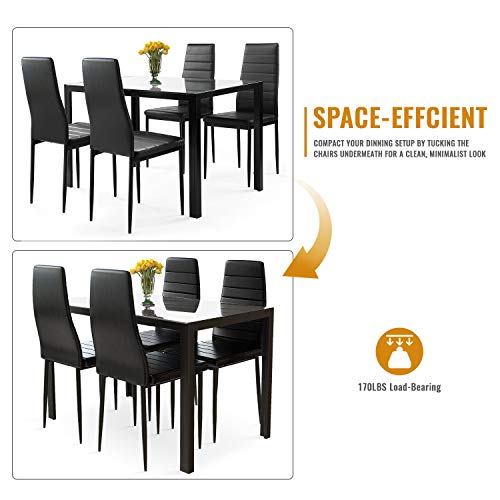 DKLGG 5-Piece Kitchen Table Set for Dining Room, 4 Faux Leather Metal Frame Chairs, Dinette, Compact Space w/Glass Tabletop, 47.25'' L x 27.56'' W x 29.5'' H, Black…