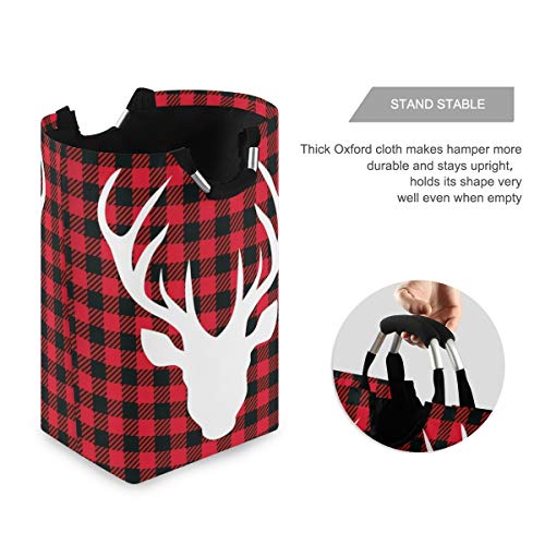 Christmas Reindeer Laundry Hamper Winter Red Plaid Laundry Bag Organizer Storage Clothes Toys Laundry Bakets for Bathroom Laundry Room Bedroom (Plaid Deer)