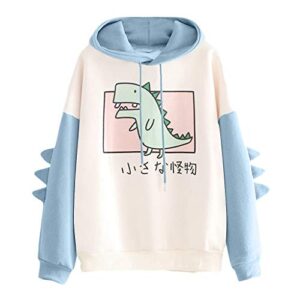 meikosks women's dinosaur sweatshirt long sleeve splice tops cartoon cute hoodies teens girls casual pullover (blue, large, l)