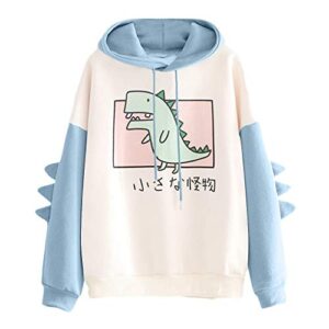 Meikosks Women's Dinosaur Sweatshirt Long Sleeve Splice Tops Cartoon Cute Hoodies Teens Girls Casual Pullover (Blue, Large, l)