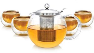 teabloom stovetop safe glass teapot with removable infuser (40oz/1200ml) and four double walled glass cups (5oz/150ml) - classica tea set