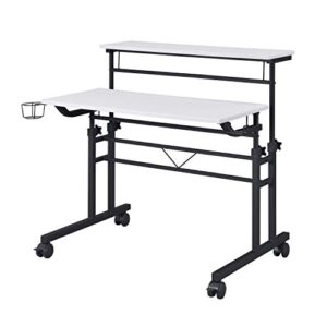 techni mobili rolling writing height adjustable desktop and moveable shelf desk, 25" d x 44.5" w x 28-39.75" h, white