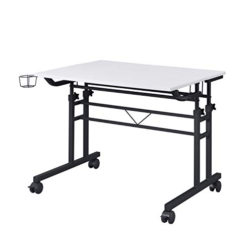 Techni Mobili Rolling Writing Height Adjustable Desktop and Moveable Shelf Desk, 25" D x 44.5" W x 28-39.75" H, White