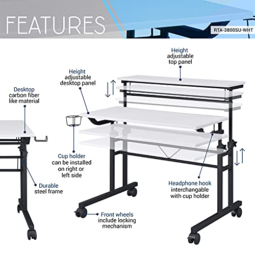 Techni Mobili Rolling Writing Height Adjustable Desktop and Moveable Shelf Desk, 25" D x 44.5" W x 28-39.75" H, White