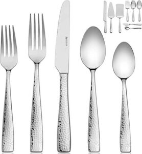 hudson essentials 68-piece hammered 18/10 stainless steel silverware cutlery set with serving set and cake knife, flatware service for 12
