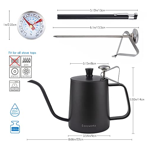 Easyworkz Gage Gooseneck Pour Over Coffee Kettle 20 oz with Thermometer Stainless Steel Hand Drip Coffee Pot With Long Narrow Spout