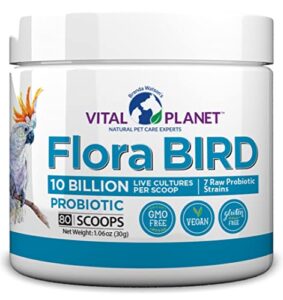 vital planet - flora bird probiotic powder supplement with 10 billion cultures and 7 diverse strains, high potency probiotics for all birds for avian digestive and immune support 80 scoops 1.06 oz