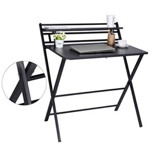 Riverdalin Modern Folding Desk,Foldable Study Desk for Small Space,Home Office Laptop Table with Shelf,Computer Gaming Writing Eating Multi-Purpose Portable Organization (Black)