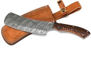 ck-12 handmade damascus steel 12.00 inches cleaver style knife – solid rose wood handle. full tang comes with leather sheath