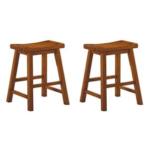 pemberly row 18" solid wood saddle stools for dining room, farmhouse backless chair for small kitchen spaces, oak brown, set of 2