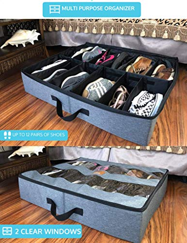 Norse 2 in 1 Large Underbed Storage Bags Organizer Container 2 Sturdy Zippers, Blankets Clothes Comforters Foldable Storage Bags with Clear Window (SET OF 2: 2-in-1 Under bed Organizer, Grey)