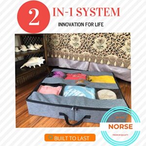 Norse 2 in 1 Large Underbed Storage Bags Organizer Container 2 Sturdy Zippers, Blankets Clothes Comforters Foldable Storage Bags with Clear Window (SET OF 2: 2-in-1 Under bed Organizer, Grey)