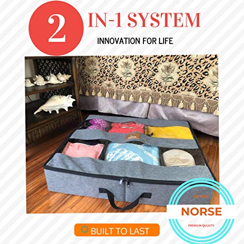 Norse 2 in 1 Large Underbed Storage Bags Organizer Container 2 Sturdy Zippers, Blankets Clothes Comforters Foldable Storage Bags with Clear Window (SET OF 2: 2-in-1 Under bed Organizer, Grey)