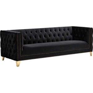 meridian furniture 652black-s michelle collection modern | contemporary sofa with deep button tufting, nailhead trim and sturdy gold iron legs, 90" w x 34" d x 30" h, black