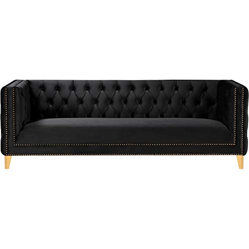 Meridian Furniture 652Black-S Michelle Collection Modern | Contemporary Sofa with Deep Button Tufting, Nailhead Trim and Sturdy Gold Iron Legs, 90" W x 34" D x 30" H, Black