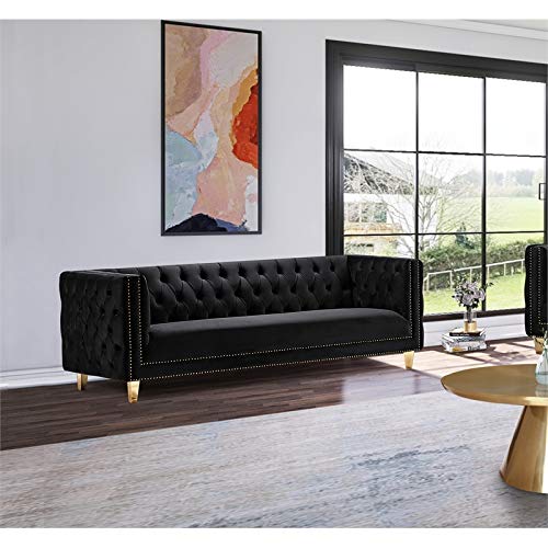 Meridian Furniture 652Black-S Michelle Collection Modern | Contemporary Sofa with Deep Button Tufting, Nailhead Trim and Sturdy Gold Iron Legs, 90" W x 34" D x 30" H, Black