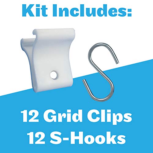 SHARP TANK White Grid Clips and S-Hooks - 24 Pc Kit - 12 Clips, 12 Hooks - Classroom Ceiling Hooks for Hanging Decorations Drop Ceiling T-Bar