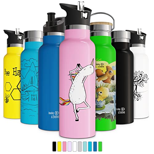 Involve & Evolve Insulated Water Bottle with 3 Lids (Straw Lid) Kids Reusable Double Walled Stainless Steel Flask Metal Thermos 12oz 17oz 20oz 25oz (25 oz, Bare Ocean)