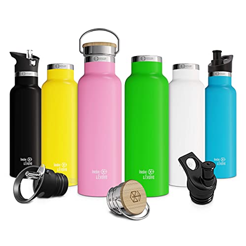 Involve & Evolve Insulated Water Bottle with 3 Lids (Straw Lid) Kids Reusable Double Walled Stainless Steel Flask Metal Thermos 12oz 17oz 20oz 25oz (25 oz, Bare Ocean)