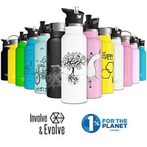 Involve & Evolve Insulated Water Bottle with 3 Lids (Straw Lid) Kids Reusable Double Walled Stainless Steel Flask Metal Thermos 12oz 17oz 20oz 25oz (25 oz, Bare Ocean)